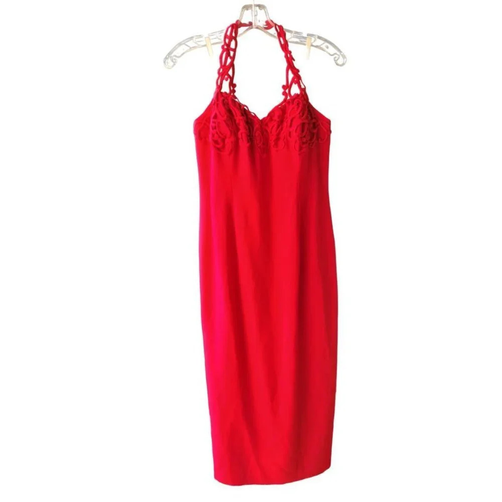 Jackie K Red Strapless Sleeveless Red Sheath Dress Back Slit Size 8